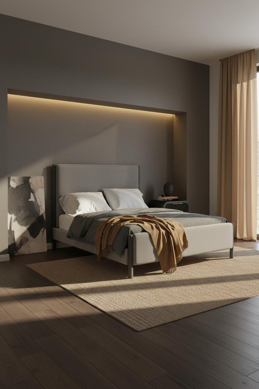 Mens Bedroom Japandi Style Warm Lighting Charcoal Walls