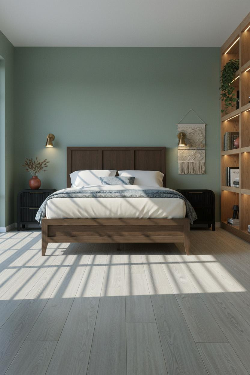 Mens Bedroom Sage Green Oak Modern Aesthetic