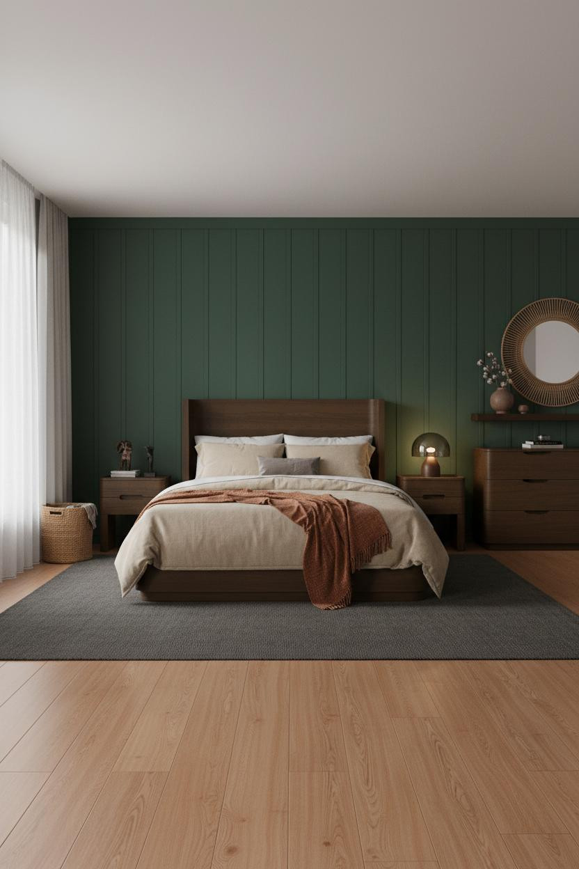Mens Bedroom Forest Green Board and Batten Warm Wood Design