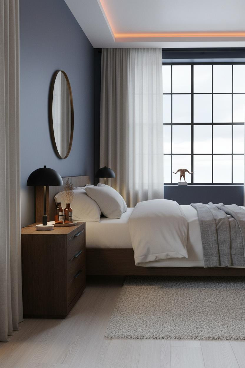 Mens Bedroom Dark Indigo Minimalist Modern