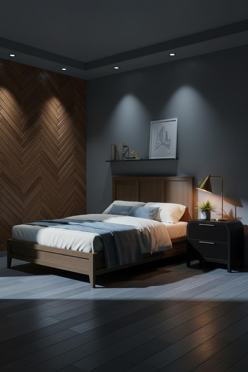 Mens Bedroom MCM Herringbone Walnut Design