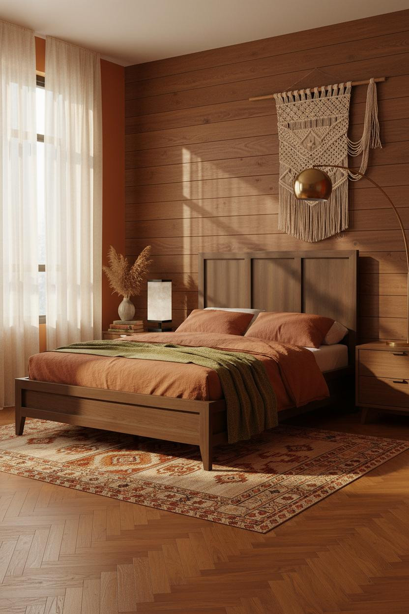 Retro Bedroom 70s Aesthetic Ideas with Walnut Paneling