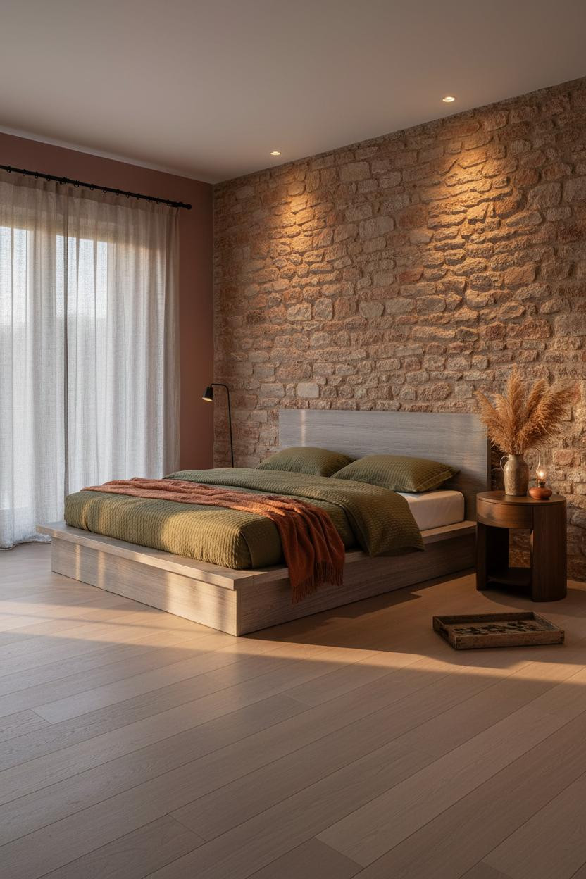 Rustic Style Bedroom Stone Accent Wall Farmhouse