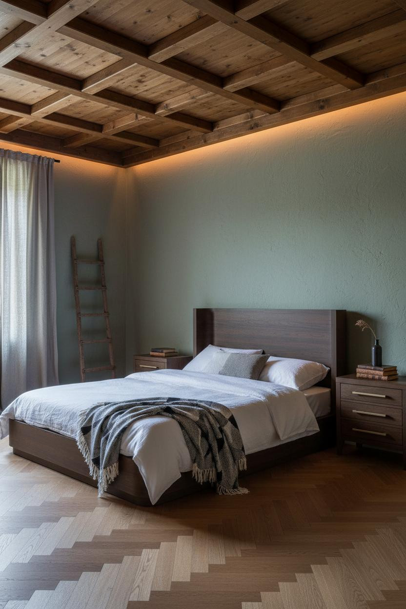 Rustic Style Bedroom Coffered Ceiling Sage Green Design