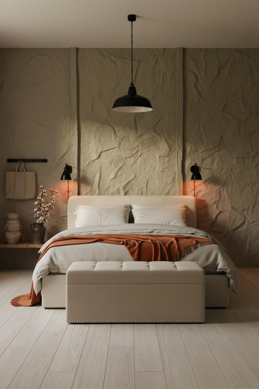 Rustic Style Bedroom Farmhouse Design Plaster Walls Iron Pendant
