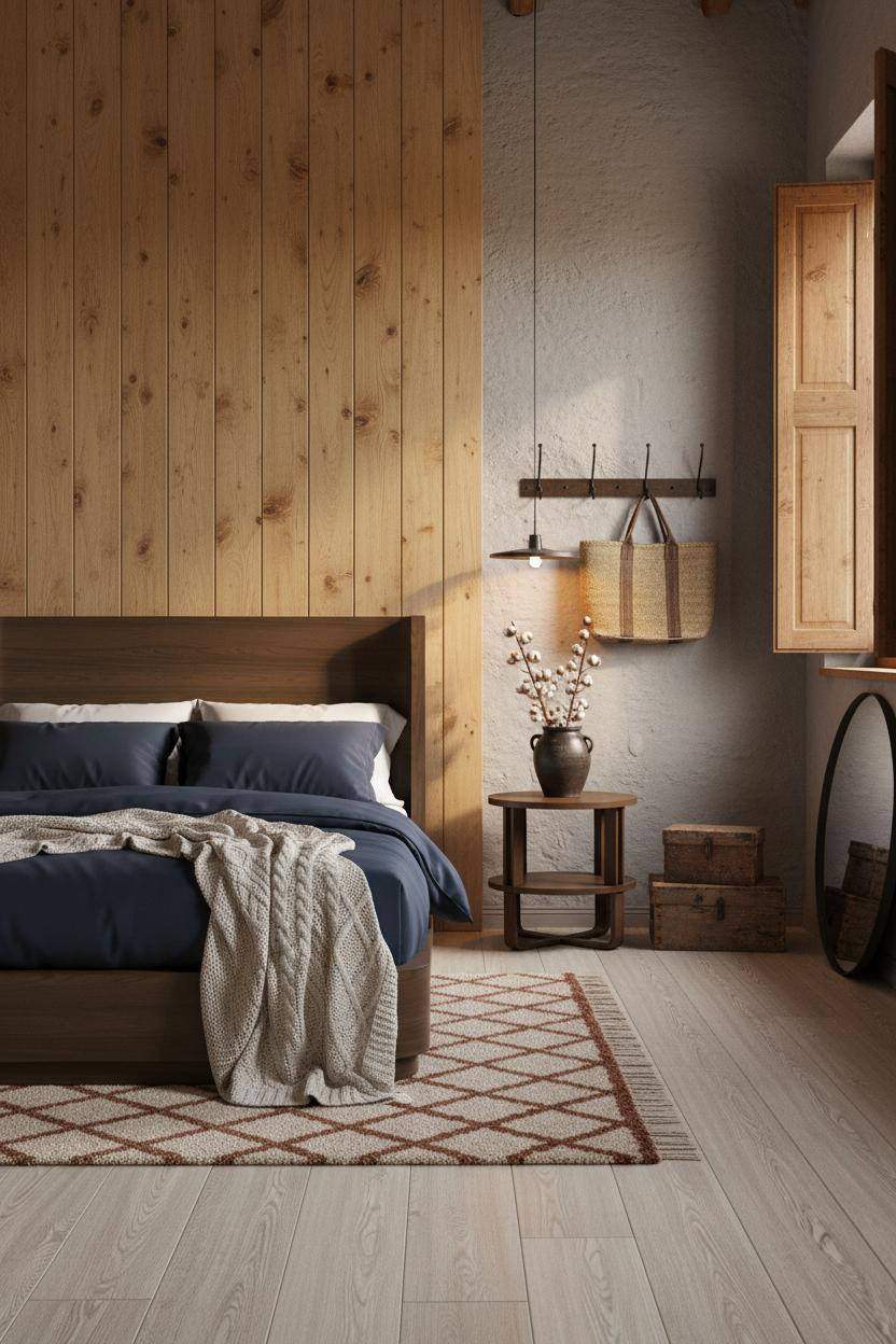 Rustic Bedroom Wood Paneling Amber Light