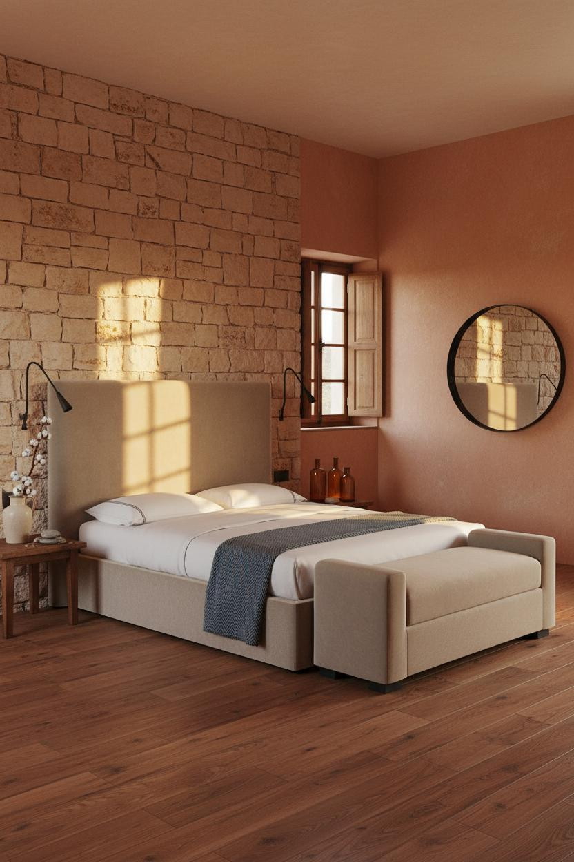 Rustic Bedroom Stone Accent Wall Afternoon Light