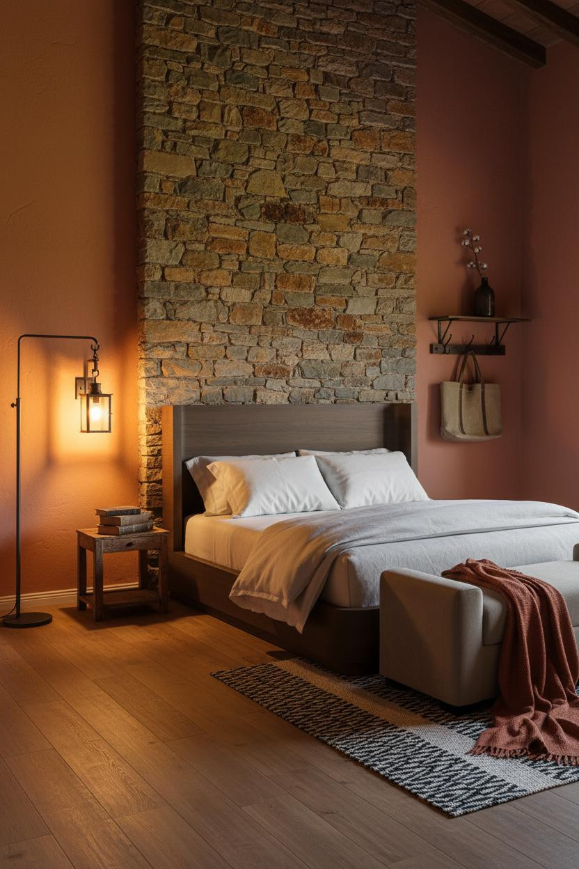 Rustic Bedroom Fieldstone Fireplace Amber Lighting