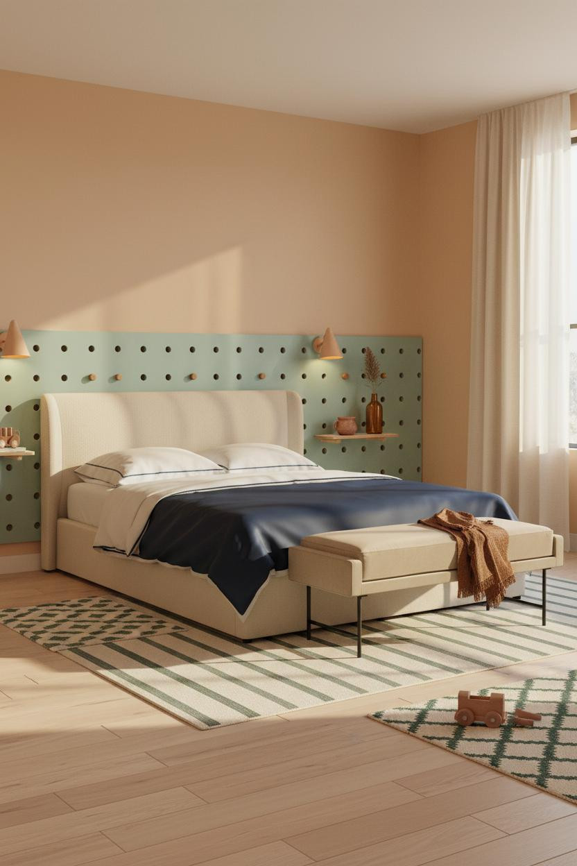 Stylish Kids Bedroom Mint Pegboard Golden Light