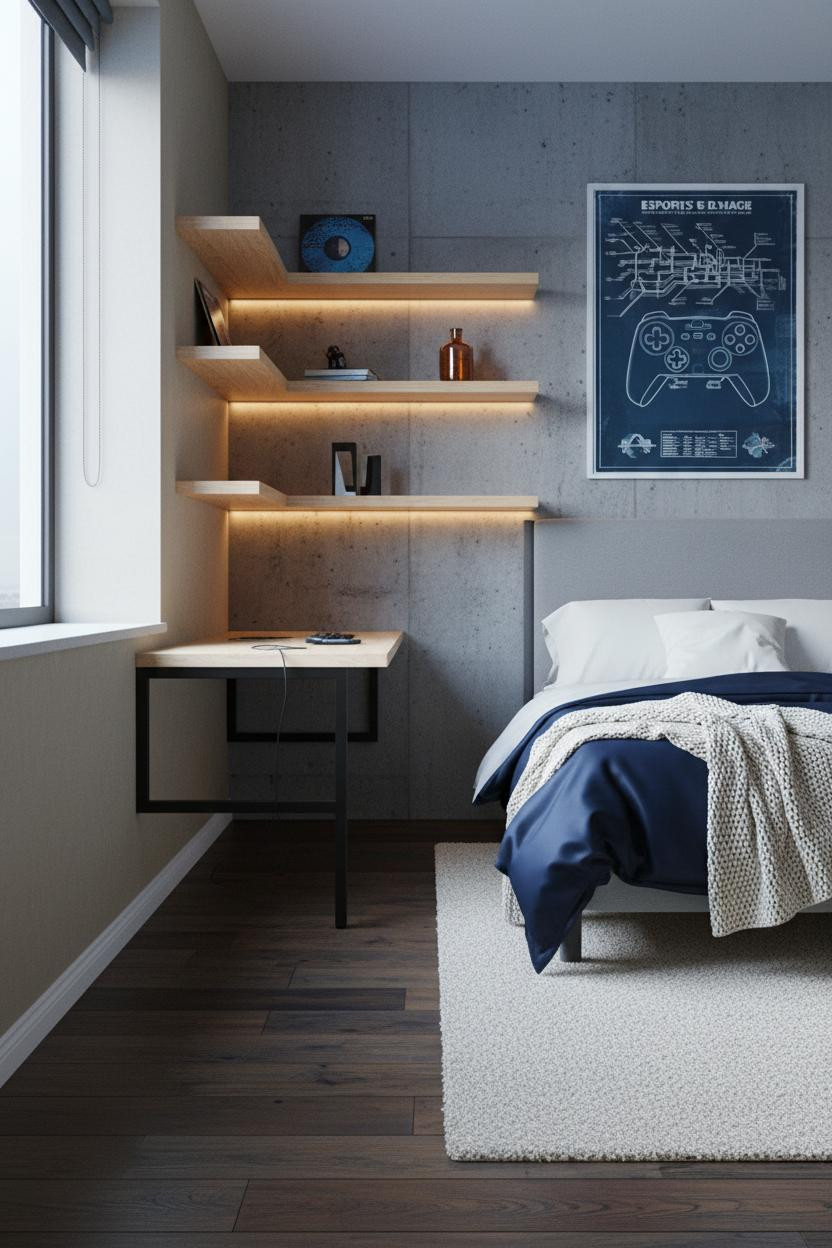 Gamer Bedroom Concrete Desk Setup
