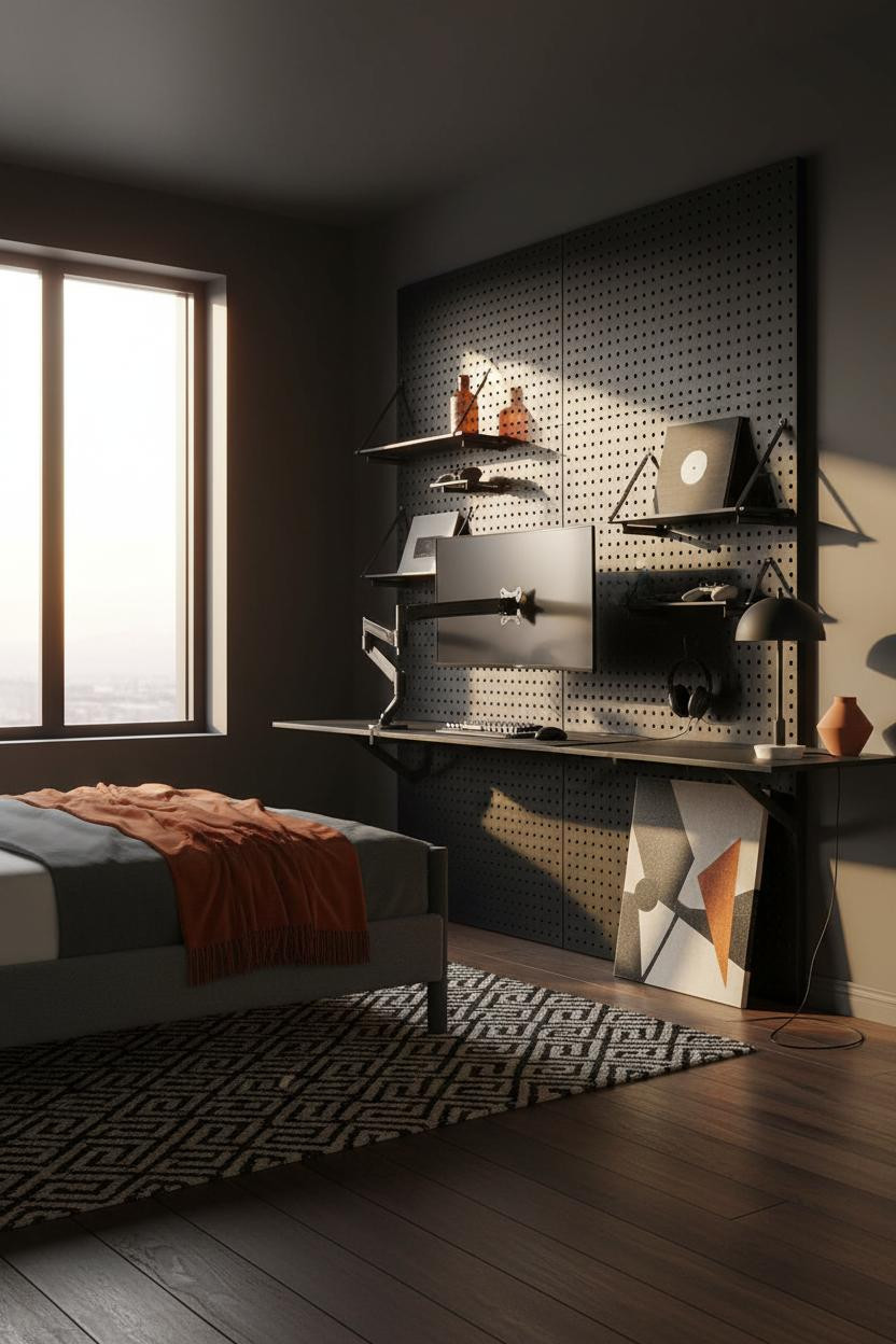 Gamer Bedroom Dark Industrial Pegboard Desk