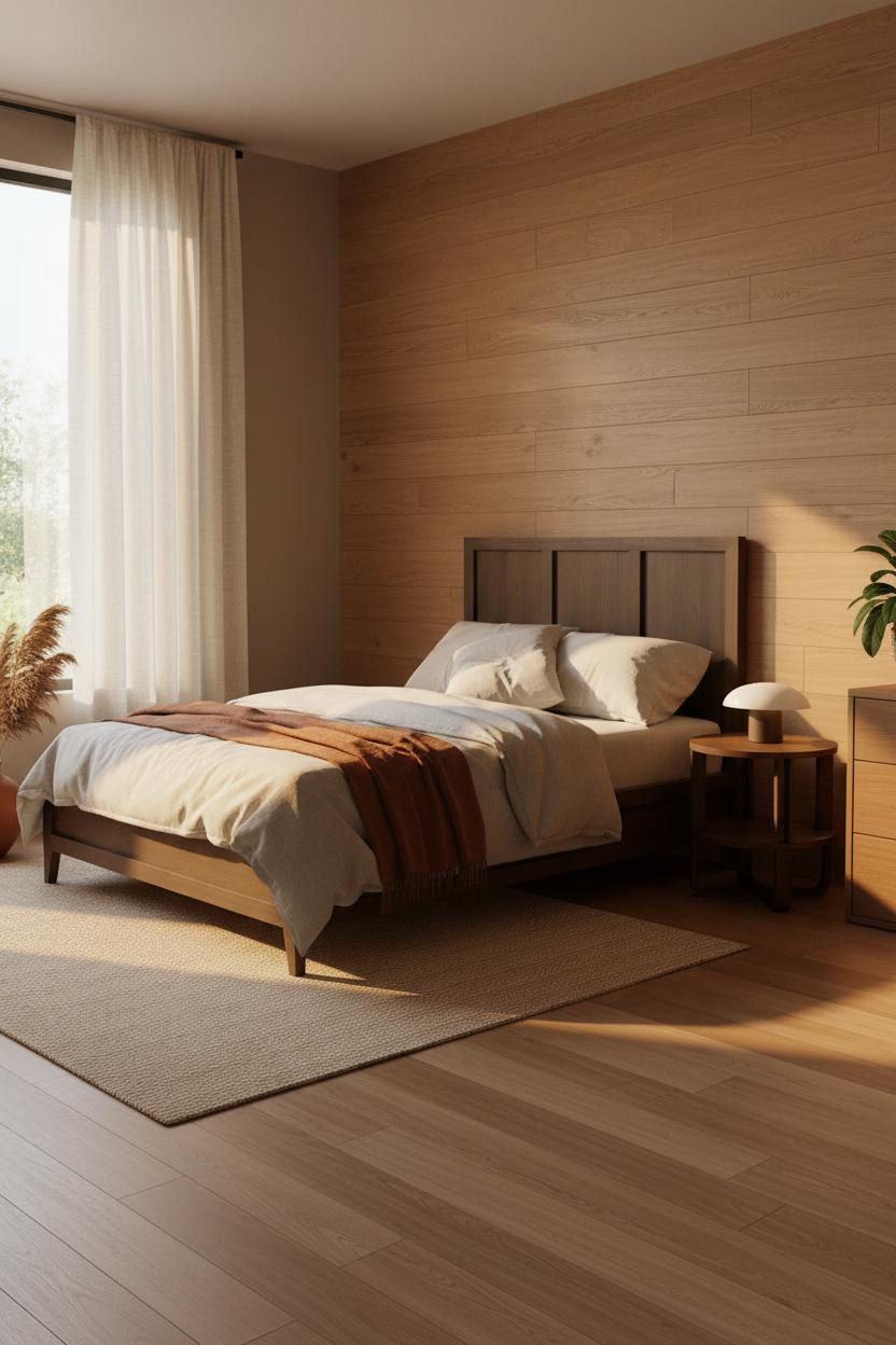 Neutral Earthy Bedroom With Warm Wood Paneling And Oak Accent Wall