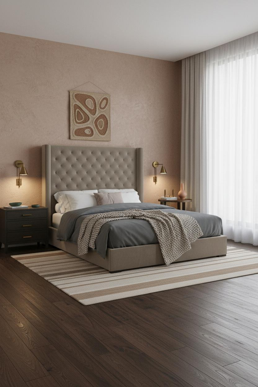 Neutral Earthy Bedroom With Clay Accent Wall And Warm Minimalist Design