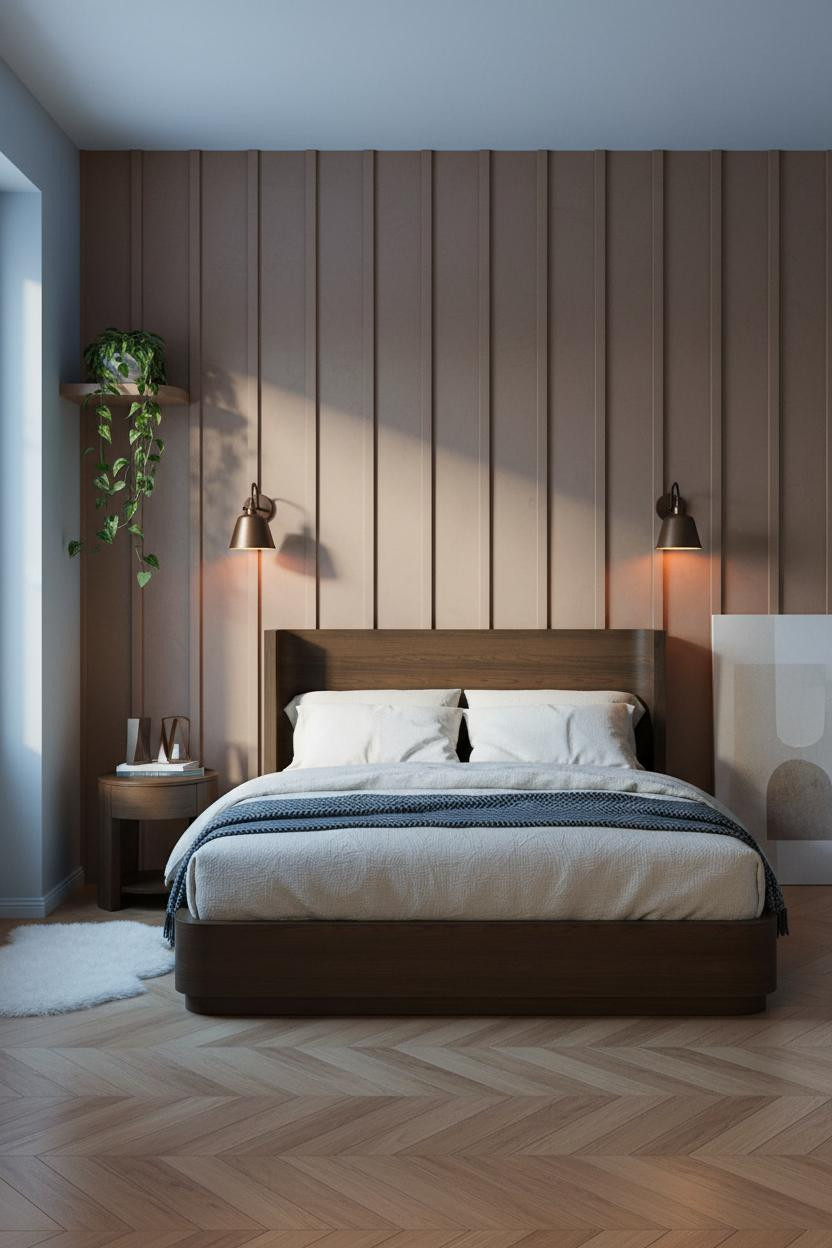 Neutral Earthy Bedroom With Warm Minimalist Decor Featuring Board-And-Batten Wall