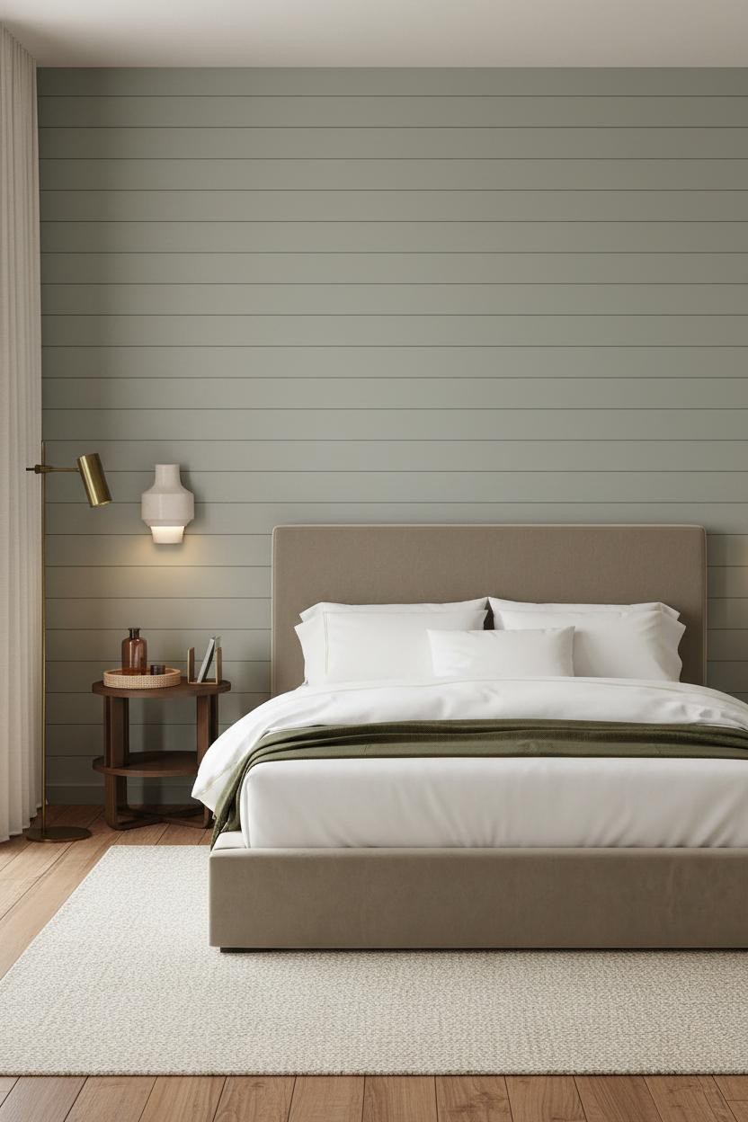 Neutral Earthy Bedroom With Sage Shiplap Accent Wall And Warm Minimalist Decor