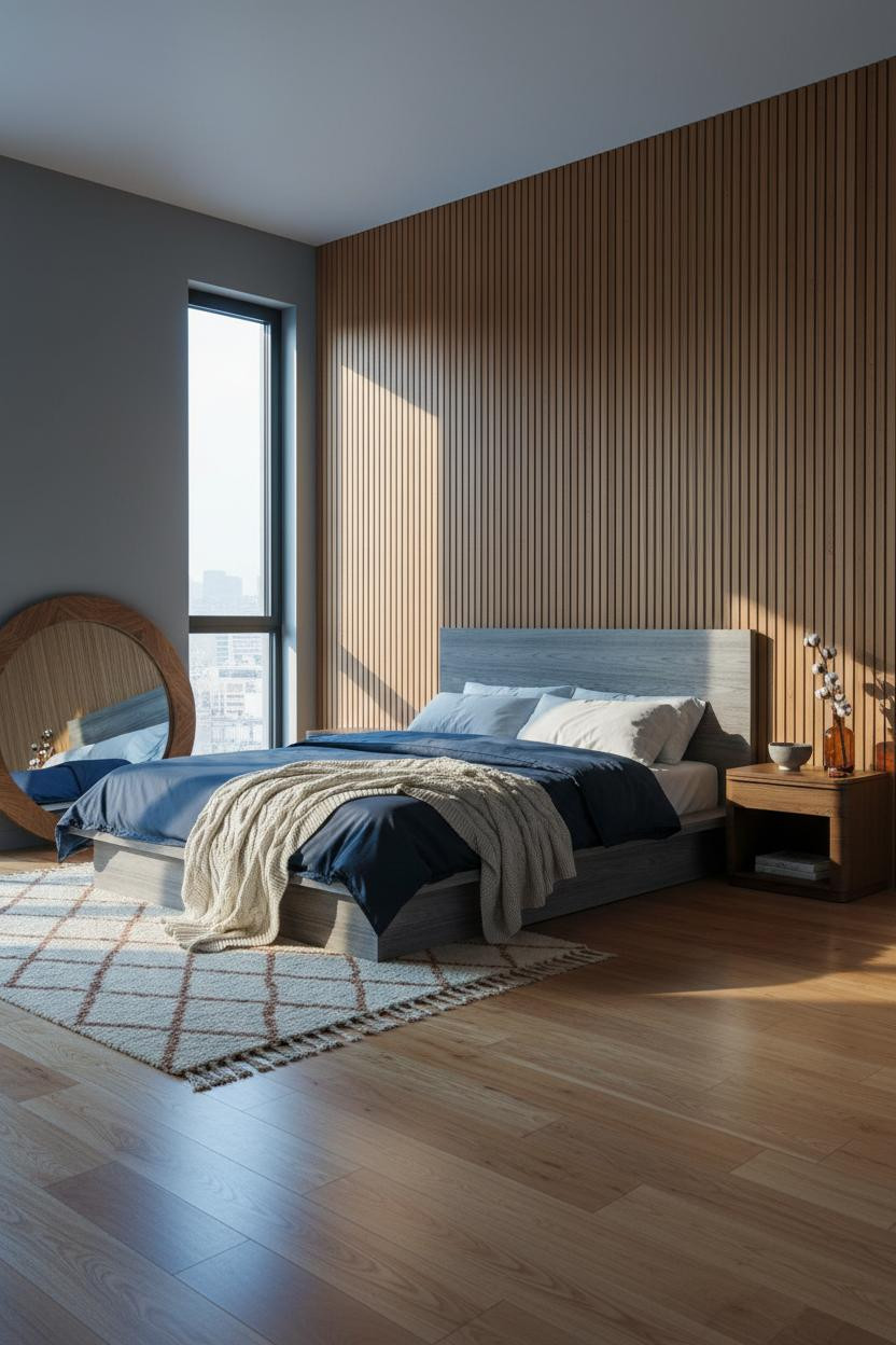 Neutral Earthy Bedroom With Warm Wood Slat Wall And Calm Aesthetic