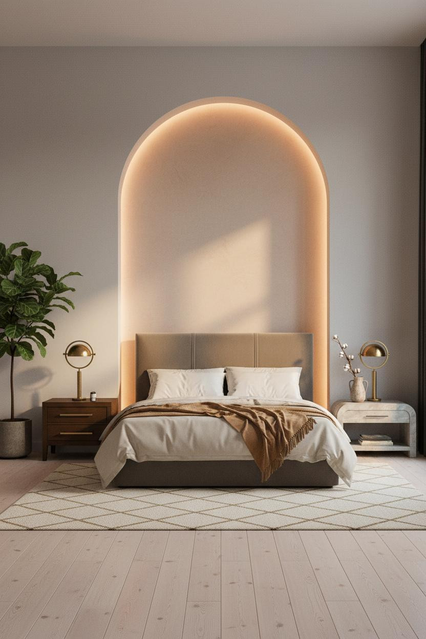 Neutral Earthy Bedroom With Arched Niche Wall And Warm Organic Modern Design