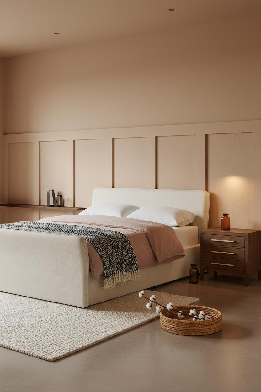 Neutral Earthy Bedroom With Clay Walls And Sand-Toned Wainscoting
