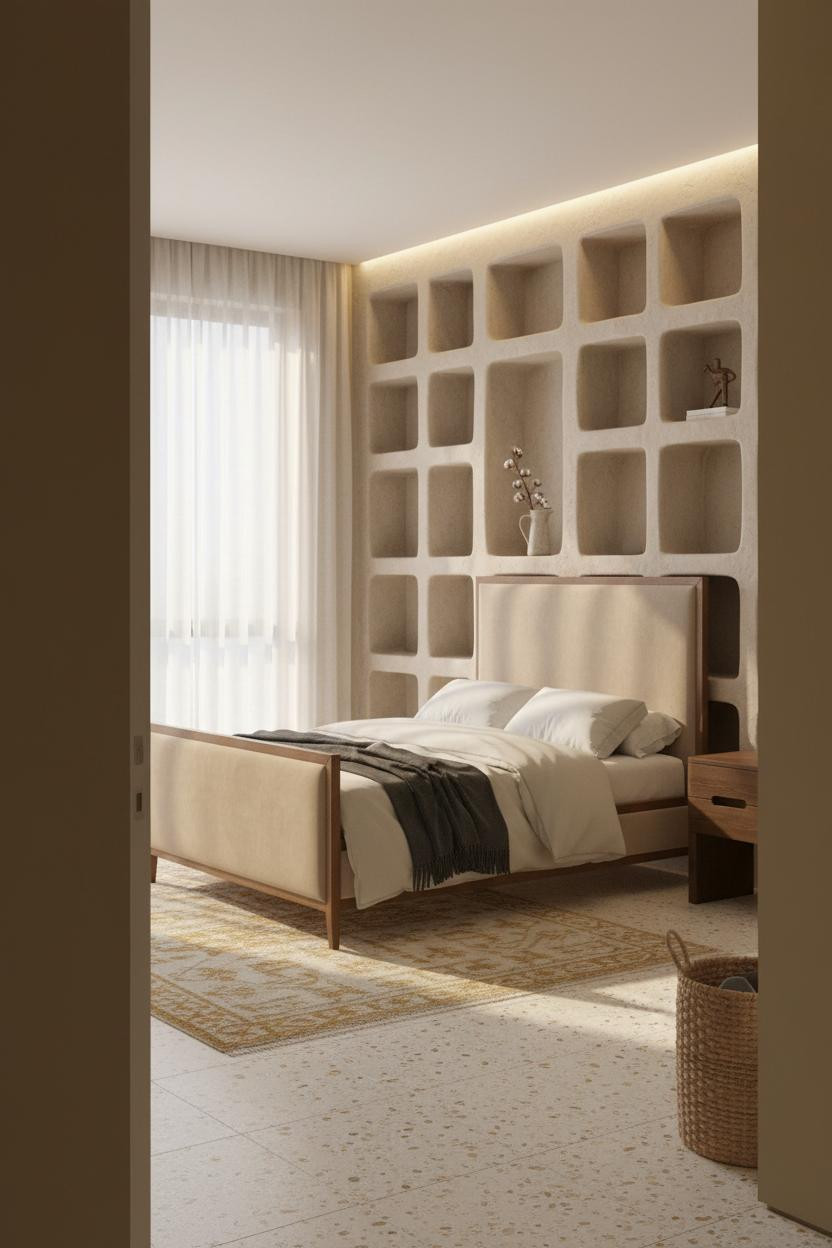 Neutral Earthy Bedroom With Warm Minimalist Decor Featuring Built-In Shelving