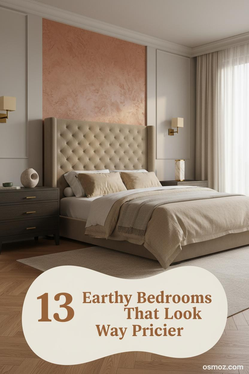 Warm Earthy Bedroom With Clay Plaster Accent Wall Honey Herringbone Parquet Brass Sconces And Layered Oat Linen Bedding In Terracotta Tones