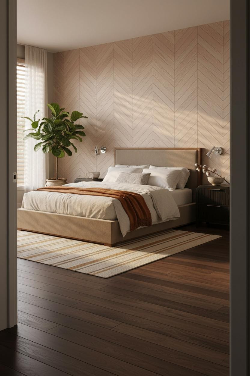Neutral Earthy Bedroom With Herringbone Wood Accent Wall And Warm Minimalist Design