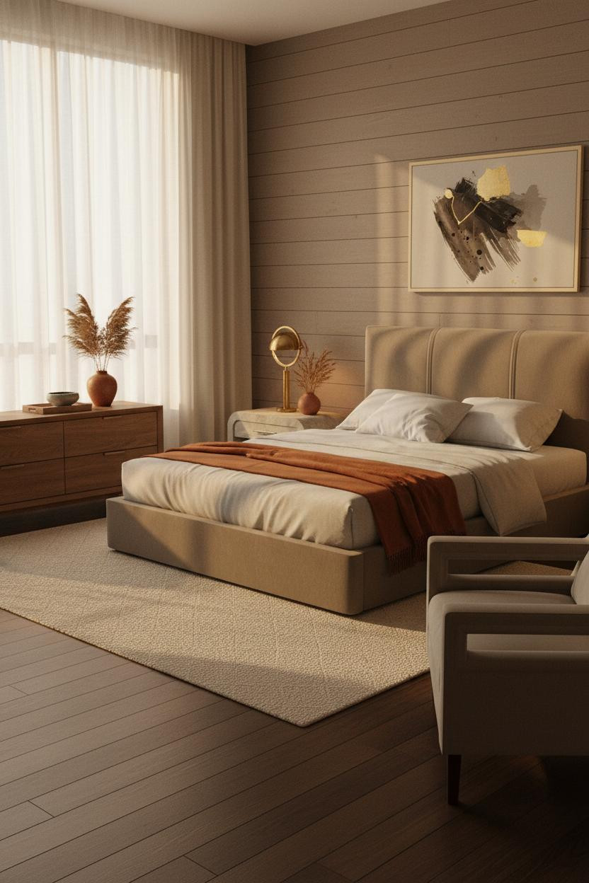 Dream Bedroom Japandi Sanctuary with Golden Light