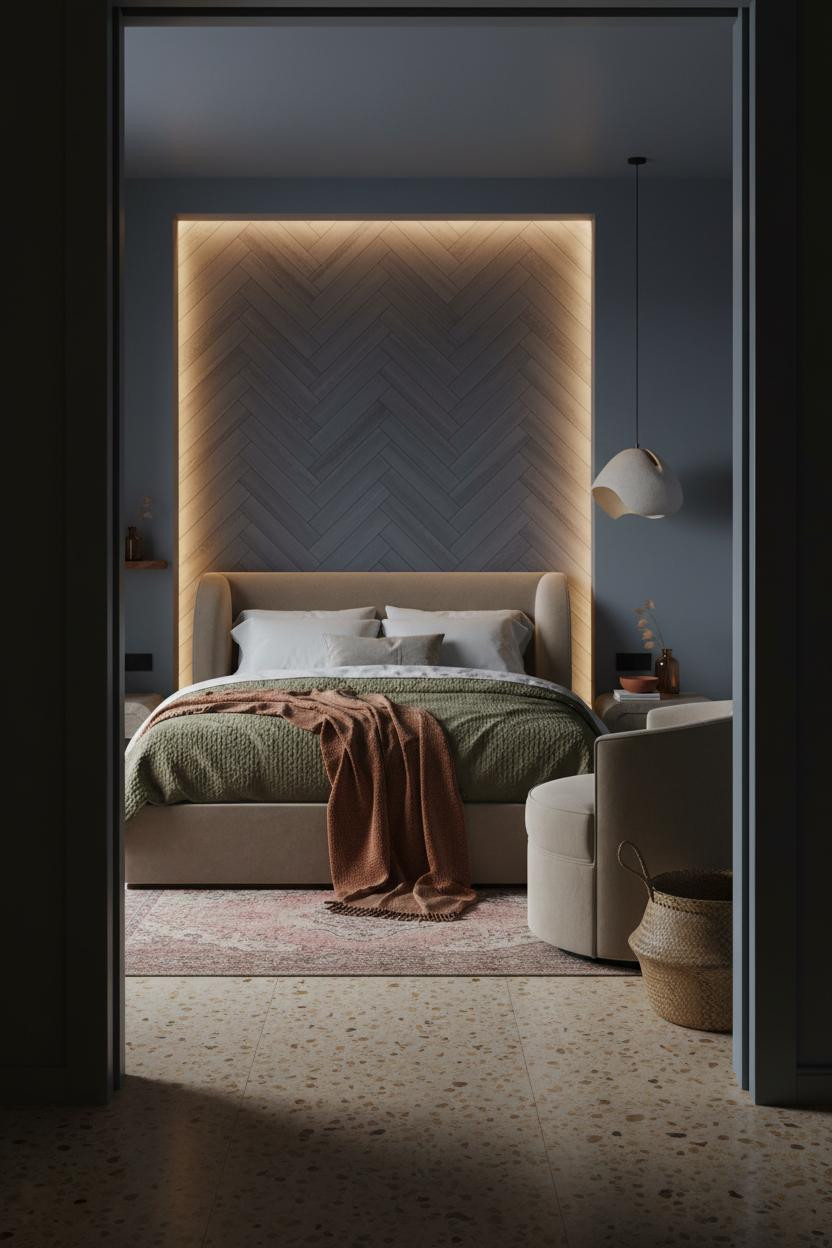 Dream Bedroom Romantic Indigo Herringbone Wall Design