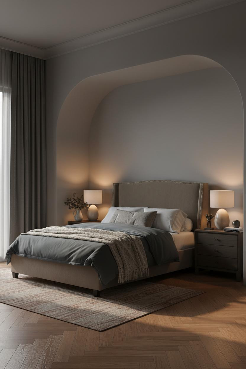 Adult Bedroom Couples Curved Headboard Warm Lighting