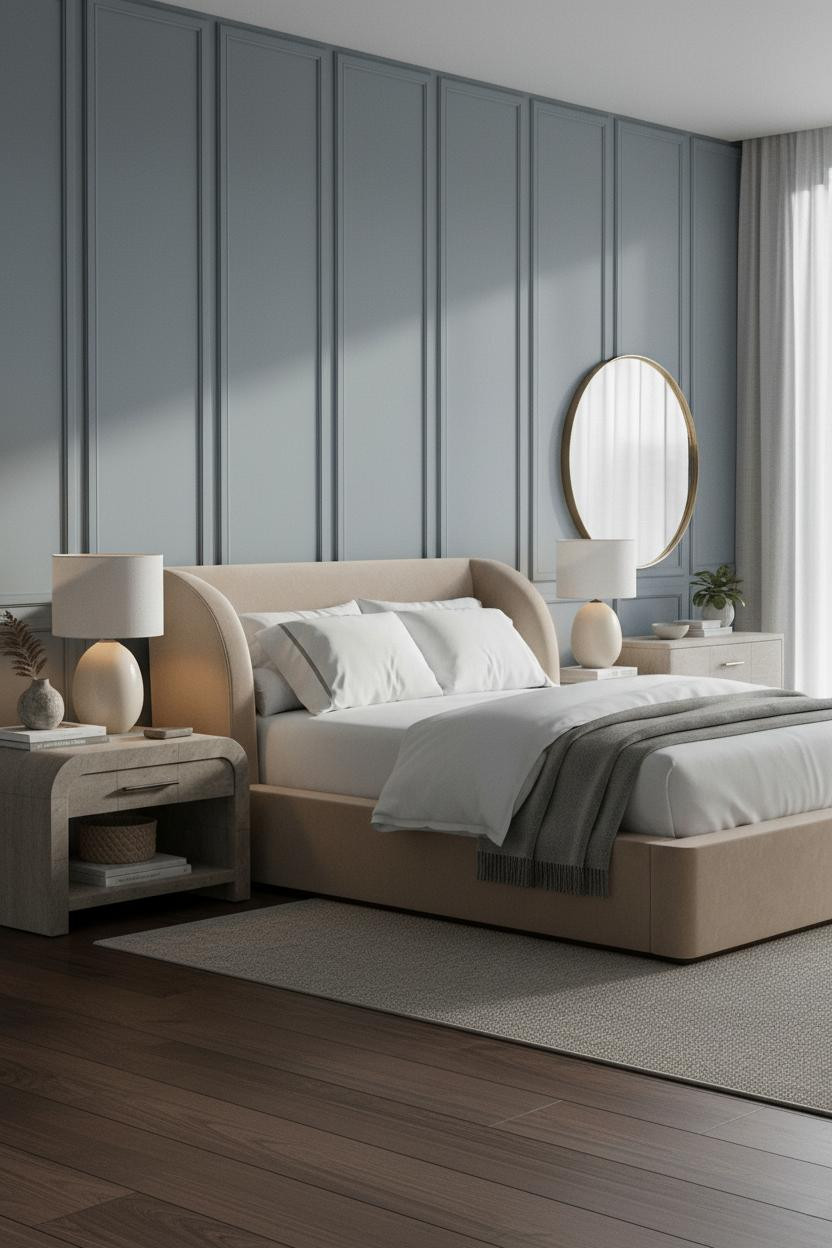 Adult Bedroom Couples Blue Grey Paneling