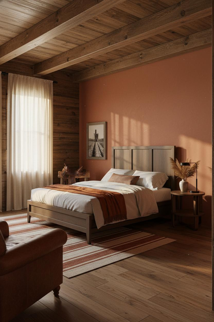 Western Farmhouse Bedroom Exposed Beams Terracotta
