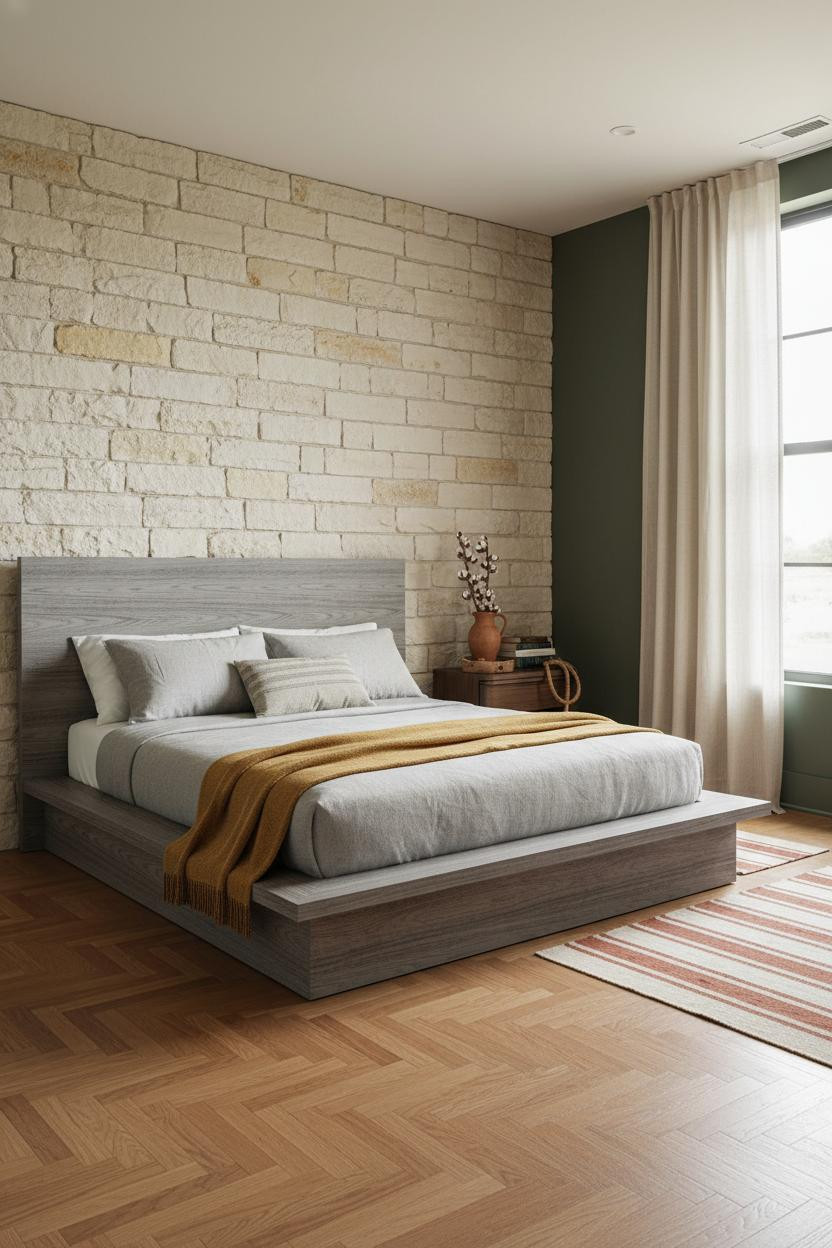 Western Farmhouse Bedroom Stone Accent Wall
