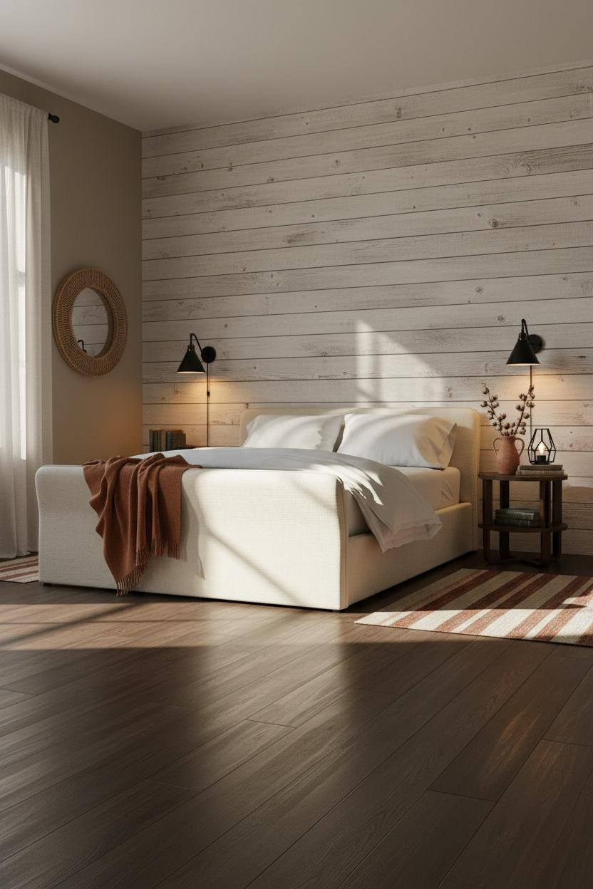 Western Farmhouse Bedroom Shiplap Rattan Mirror