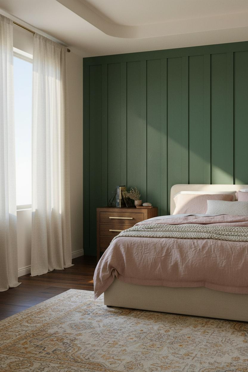 Western Farmhouse Bedroom Moss Green Board and Batten
