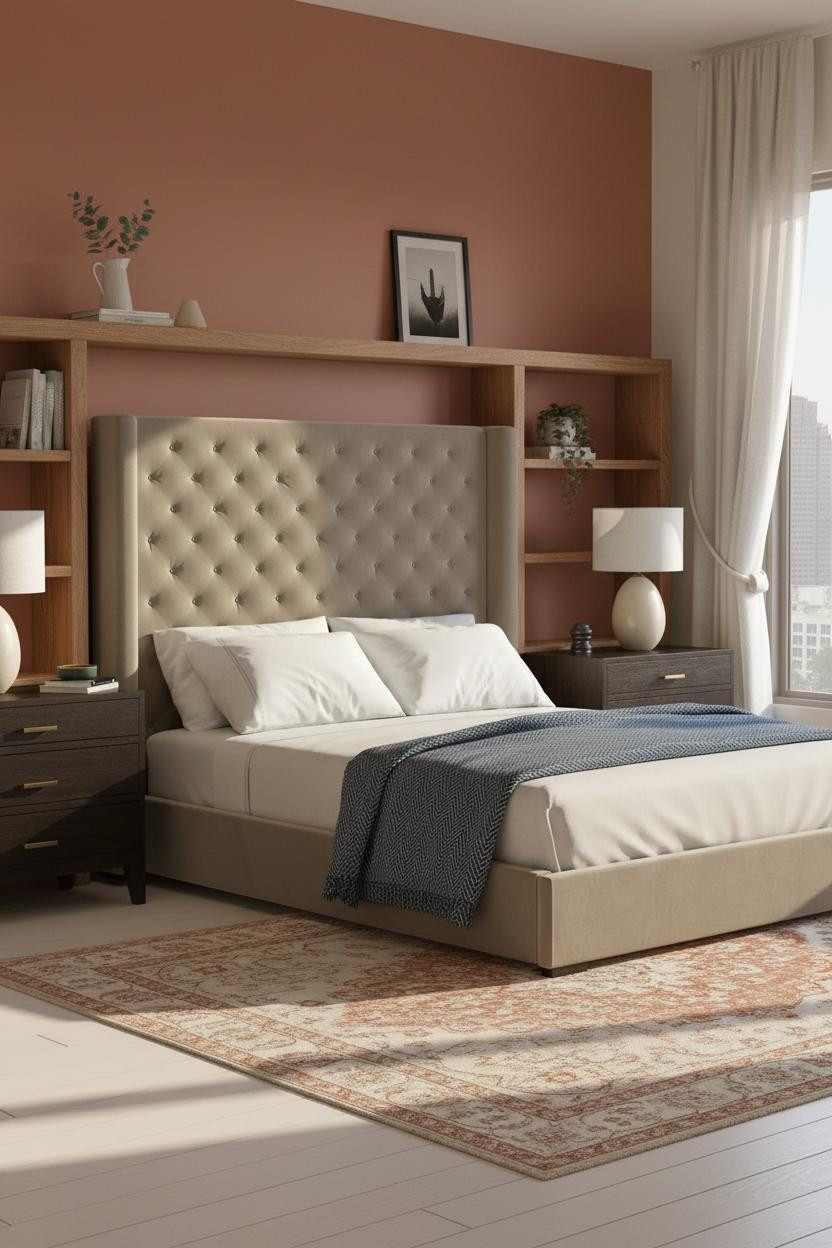 Couple Bedroom Walnut Headboard Terracotta
