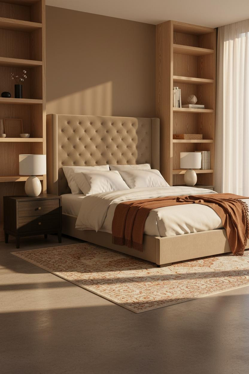 Japandi Bedroom Couples Ash Shelving Golden Light