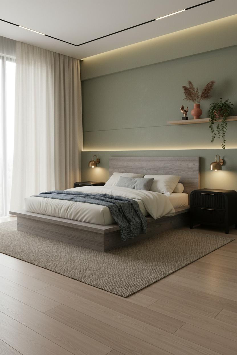 Moody Modern Bedroom Sage Green LED Lighting