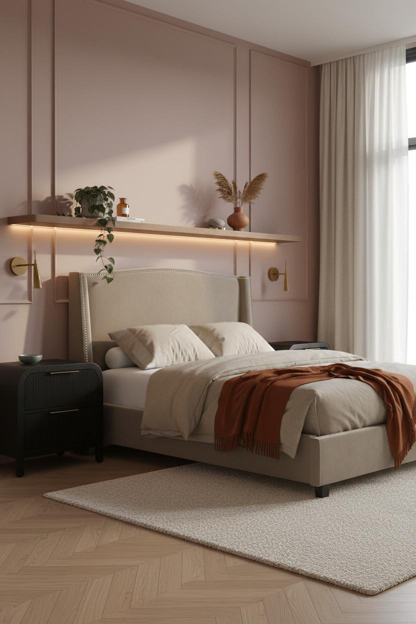 Moody Modern Bedroom Walnut Shelf Lighting