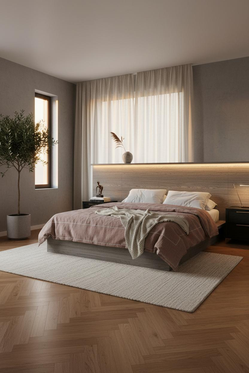 Moody Modern Bedroom Walnut Headboard Warm Light