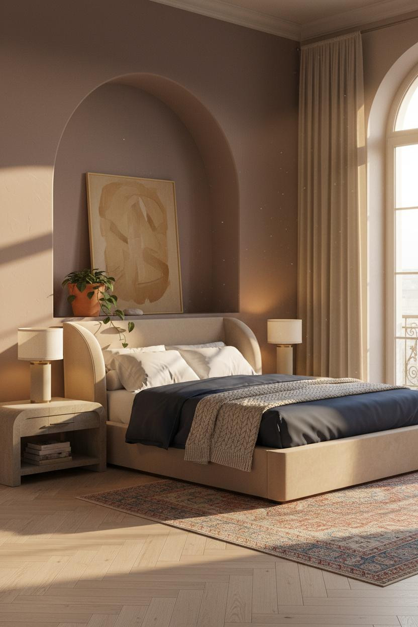 Moody Modern Bedroom Arched Niche Warm Light