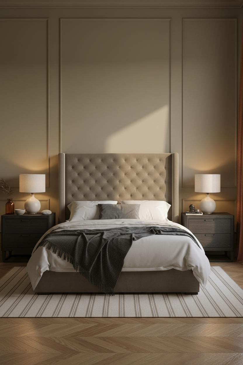 Moody Modern Bedroom Khaki Batten Walls
