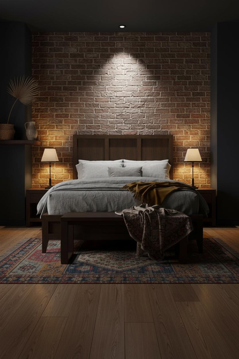 Moody Modern Bedroom Brick Accent Indigo