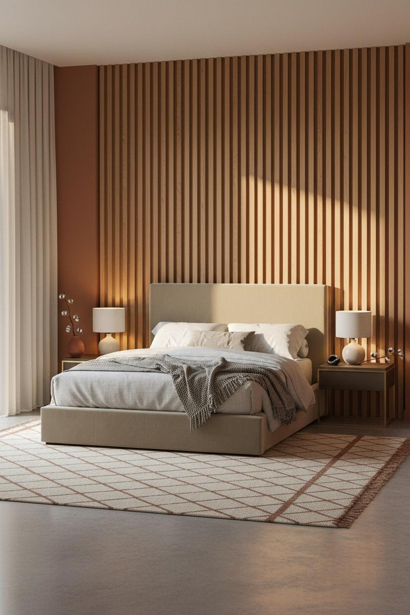 Moody Modern Bedroom Oak Paneling Amber Light