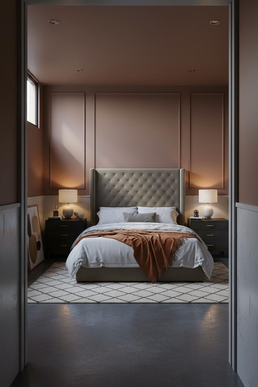 Moody Modern Bedroom Dark Walls Wainscoting