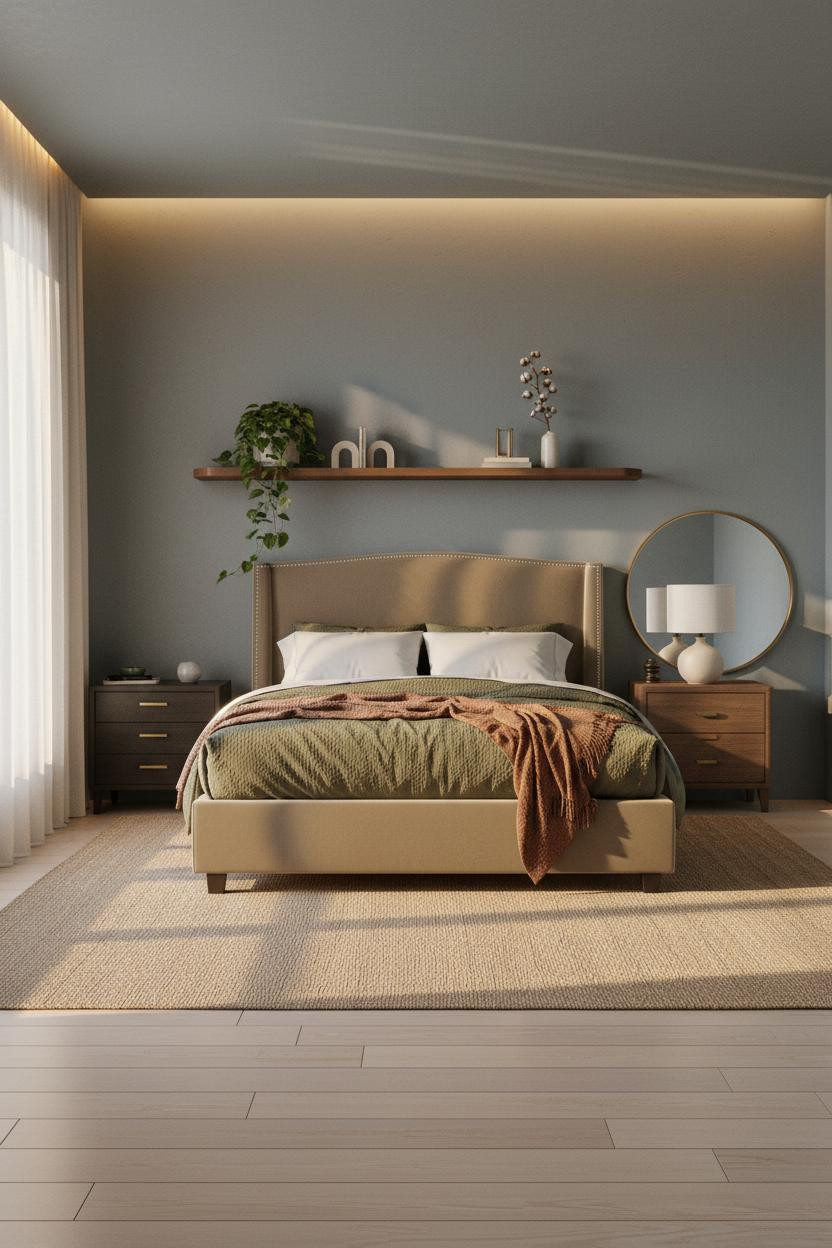 Moody Modern Bedroom Japandi Floating Shelf