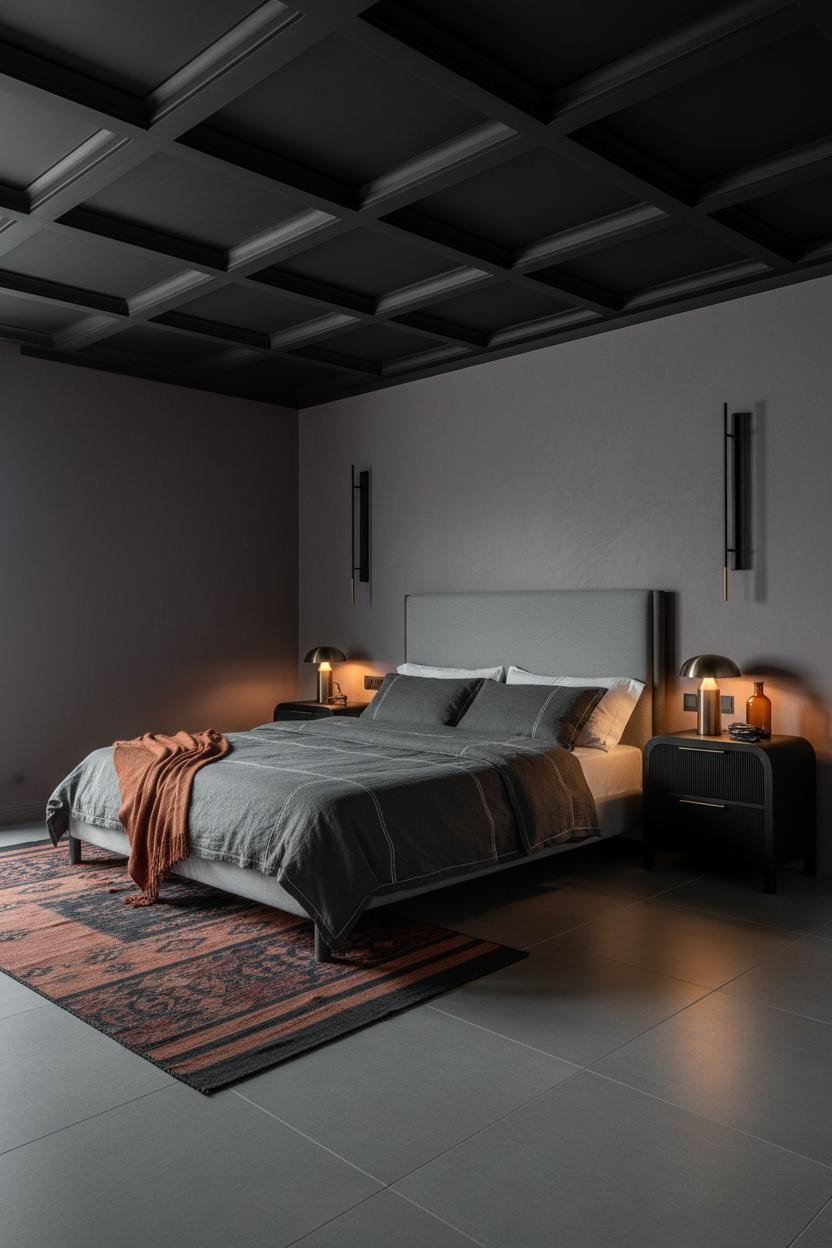 Moody Modern Bedroom Coffered Ceiling Dark