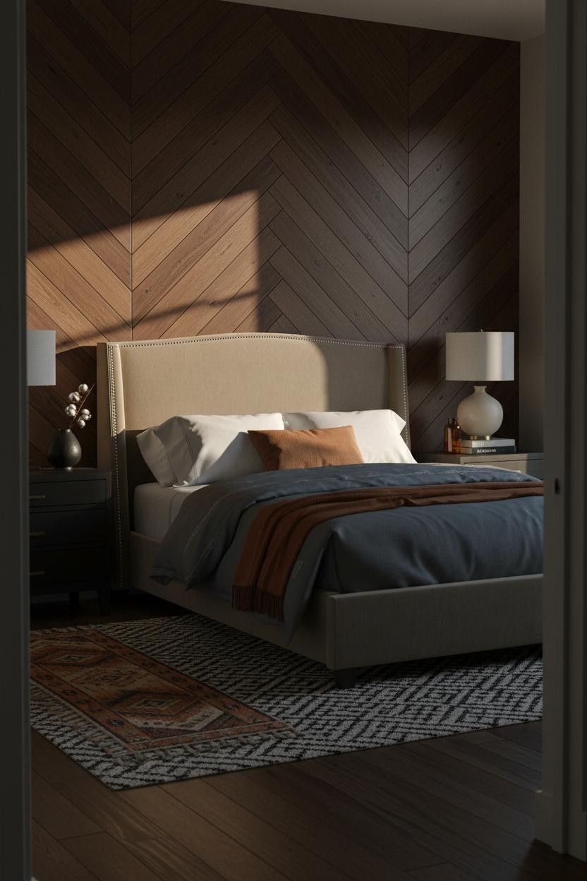 Moody Modern Bedroom Dark Walnut Accent Wall