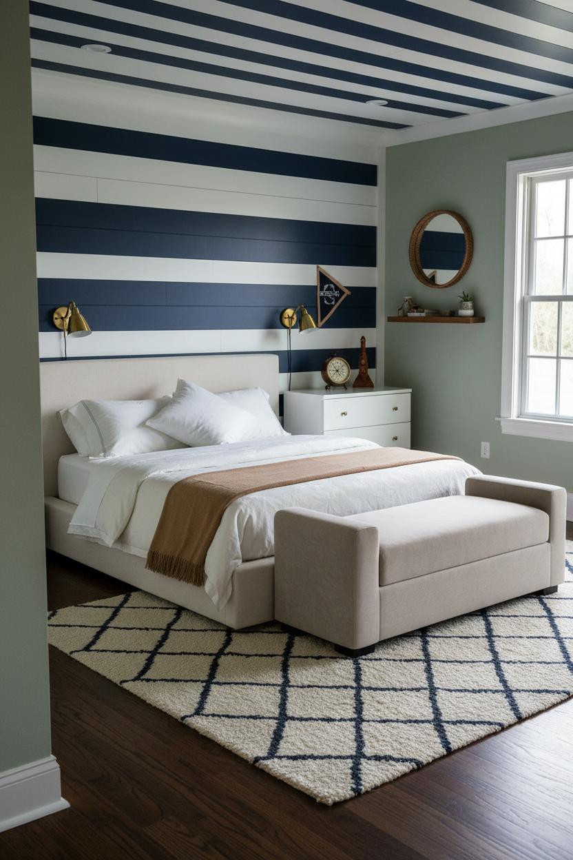Preppy Coastal Bedroom Navy Ceiling Sage Walls