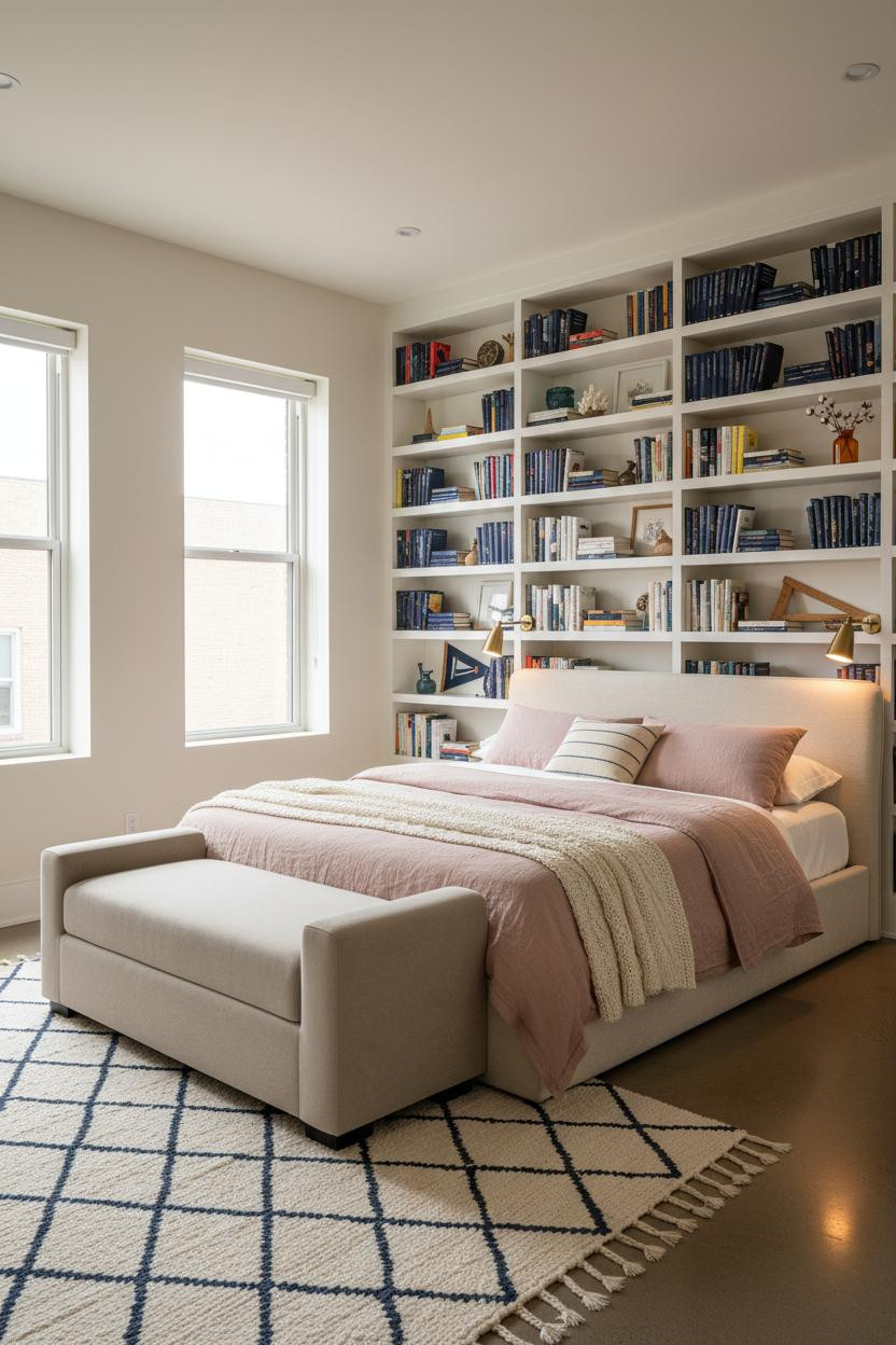 Preppy Coastal Bedroom Navy Bookshelf Cream Linen