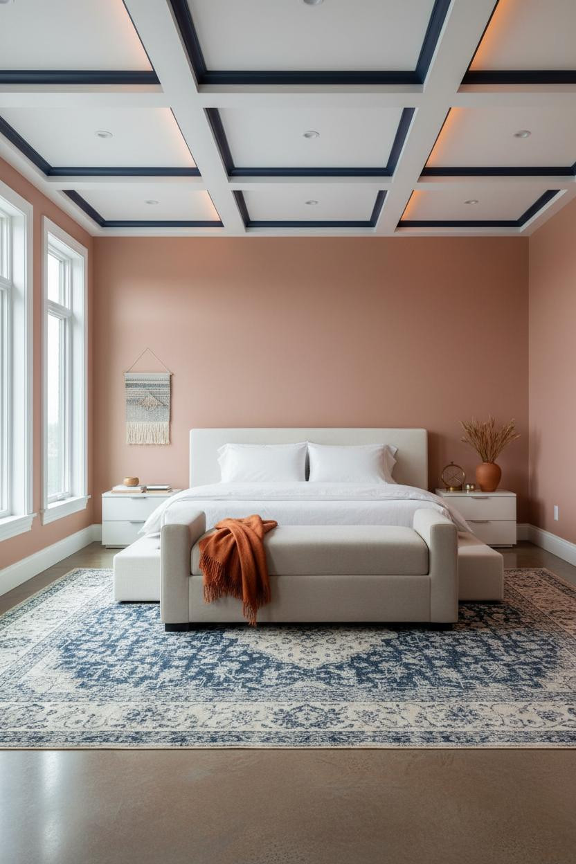Preppy Coastal Bedroom Navy Coffered Ceiling Design