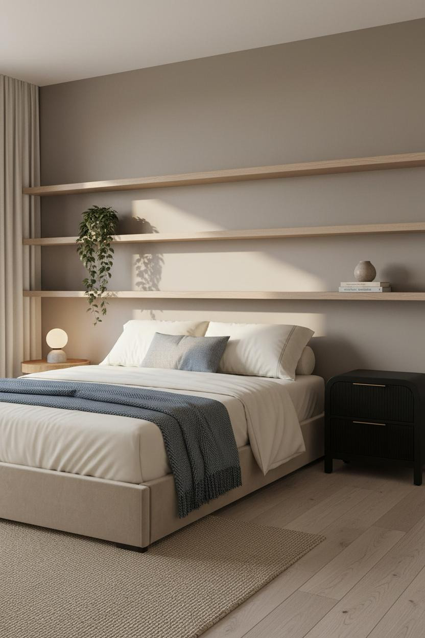 Small Bedroom Couples Japandi Floating Shelves